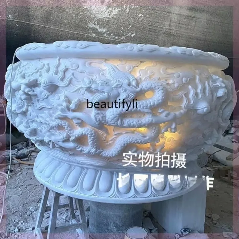 F181 Stone carving dragon tank, white marble fish tank, round outdoor ornament, antique bluestone water tank, flow tank