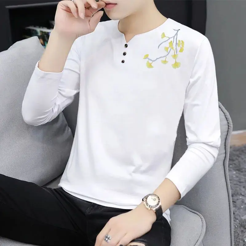 Casual Men's V Neck Long Sleeve T Shirt High Quality Solid Color Spring Autumn Base Layer for Middle Aged Young Adults