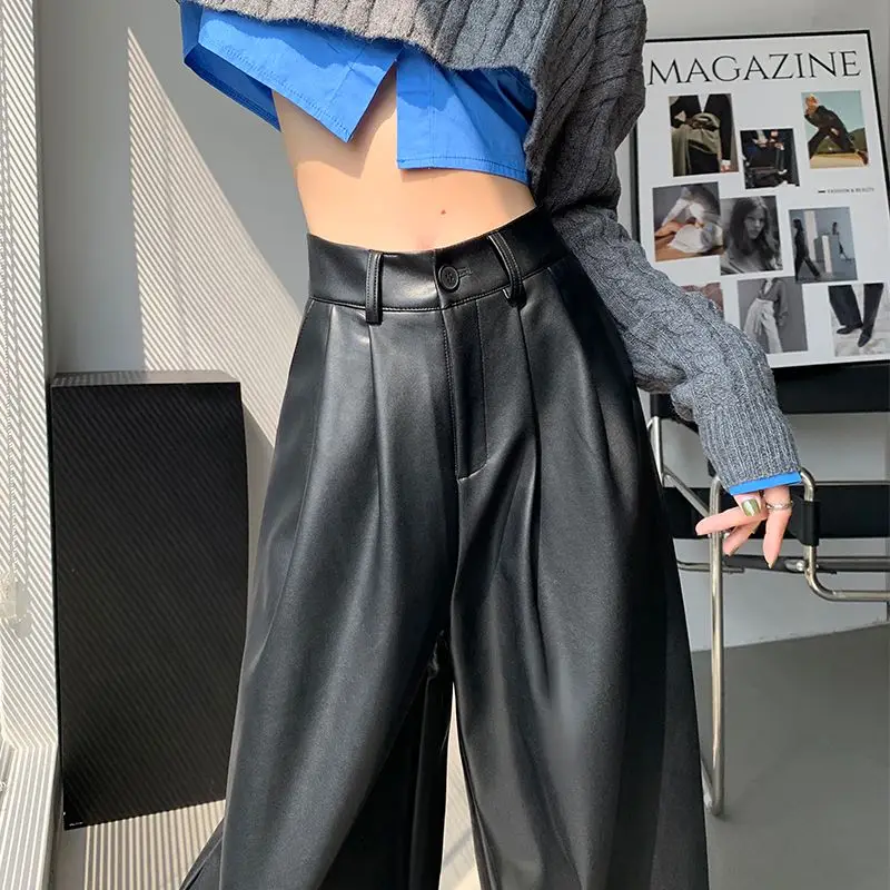 

2023 Korean Fall New Straight Pants For Women Loose High Waist PU Leather Wide Leg Trousers Female Solid Pantalon Femme 3928