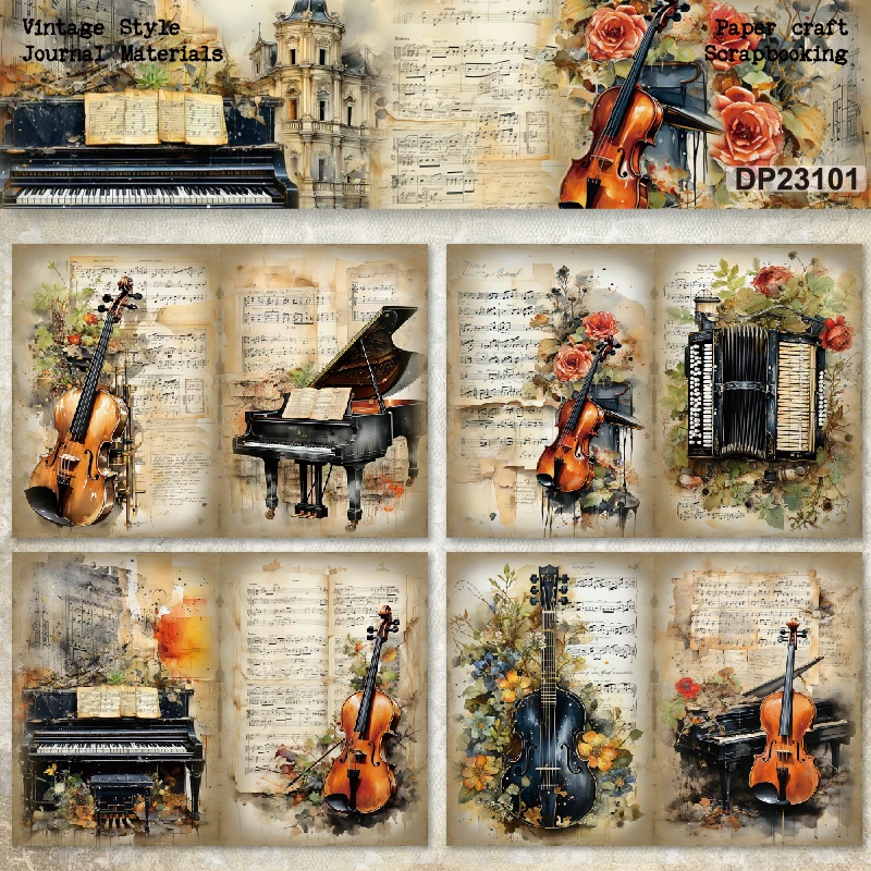 Panalisacraft 8sheets A5 size Vintage Style Music Scrapbooking patterned paper Fancy Card Pack Light weight Craft Paper Card