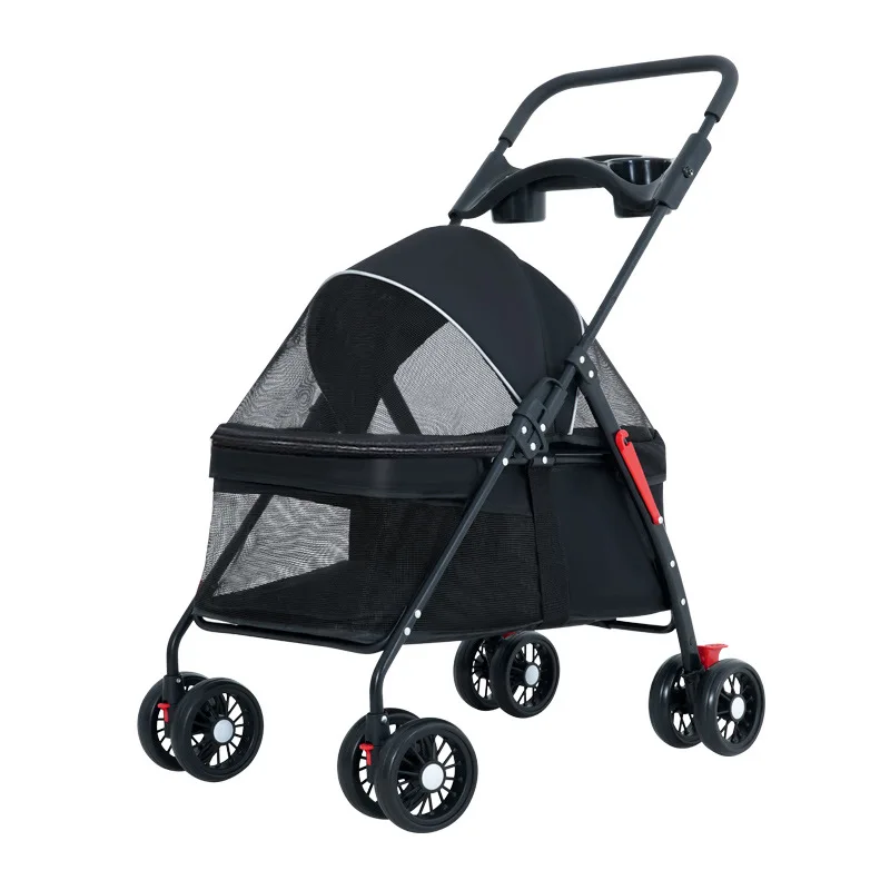 Haustier-Kinderwagen für Katzen/Hunde, Reißverschluss-Einstieg, Hunde/Katzen Welpen-Kinderwagen, einfaches Einhand-Falten, Jogging-Reifen, mit Getränkehalter