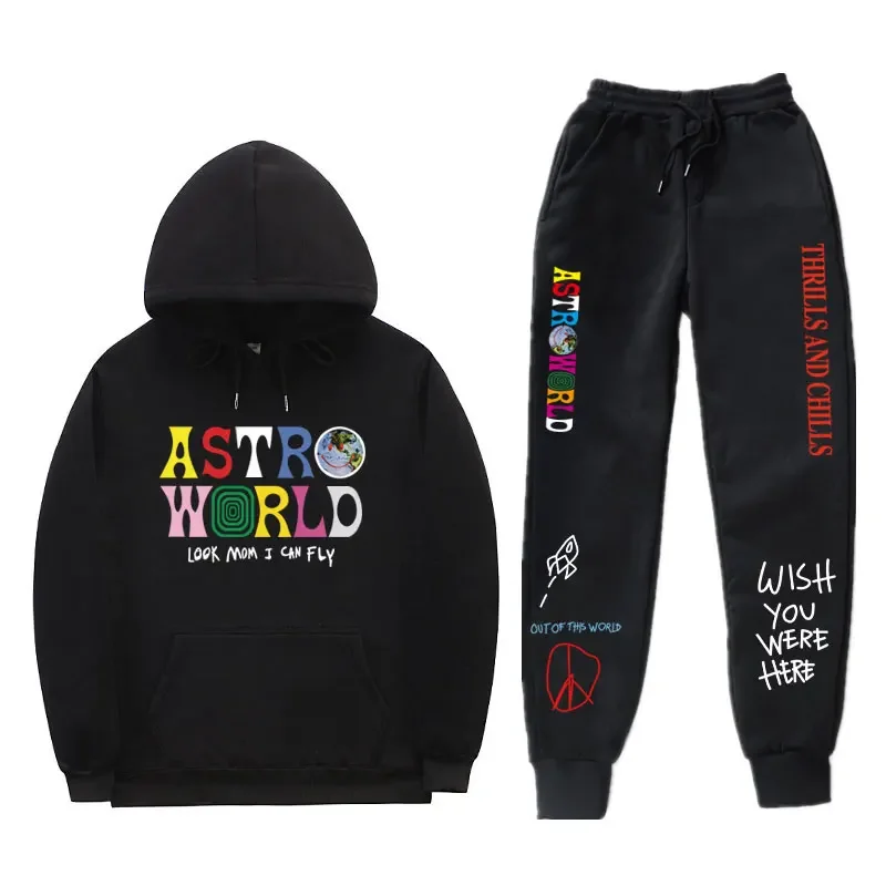 Cactus Jack Brand ASTROWORLD Hoodies Sets Streetwear Fleece Hoody and Pants with Pockets Tracksuit Suits Cactus Sweatpants Suit