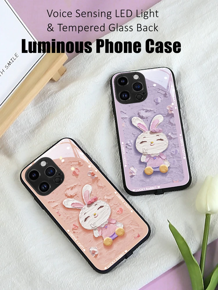 

Girls Cute Paint Bunny LED Light Glow Luminous Tempered Glass Phone Case for OPPO Reno 4 5 6 7 8 9 Find X5 Realme X50 Pro Plus