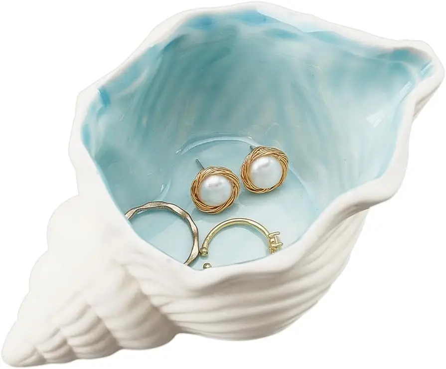 

Aqua Shell Ceramic Jewelry Tray, Ocean-themed Trinket Dish for Rings Earrings Necklaces Bracelets Keys