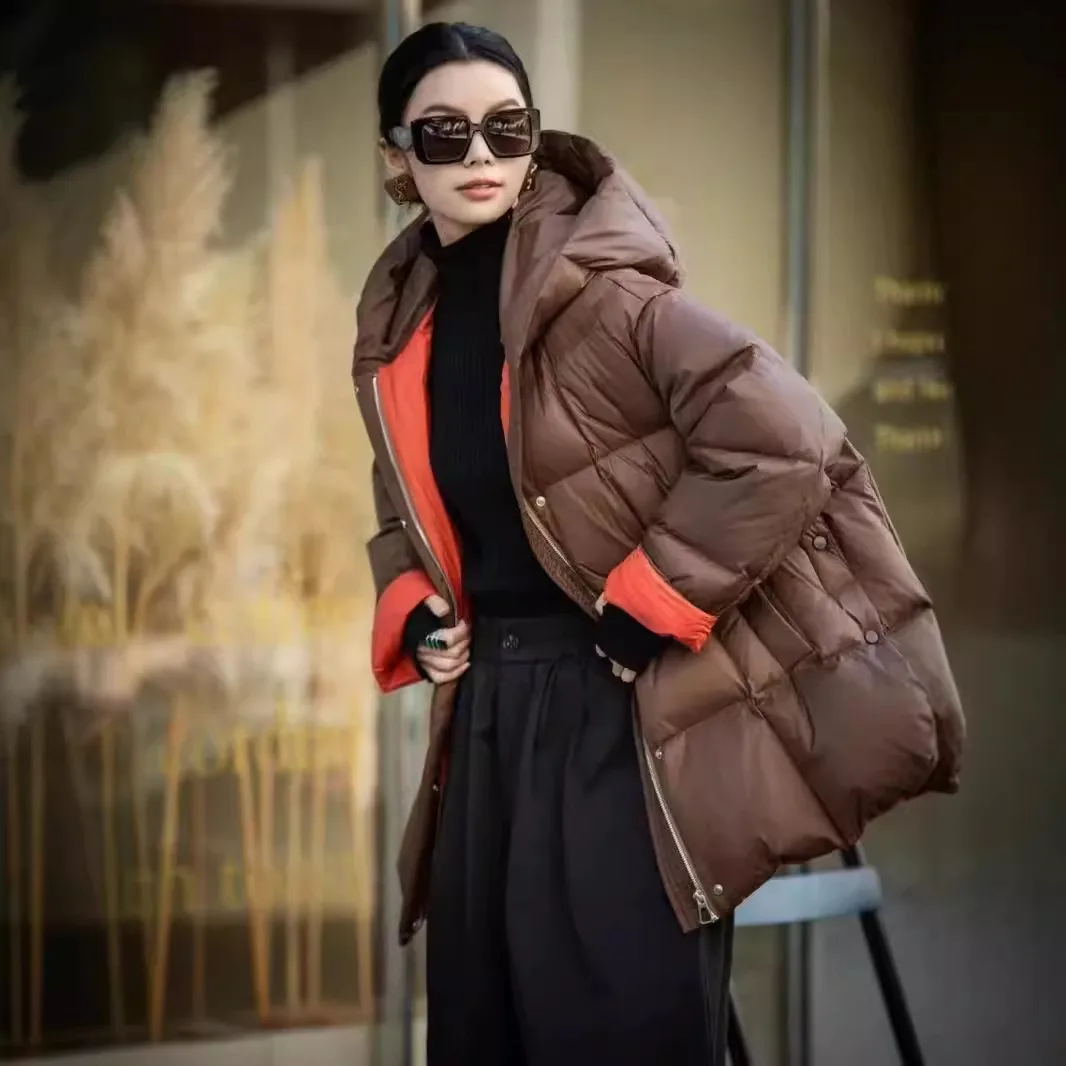 المرأة سترة شتوية المتضخم ألف خط التباين اللون مقنعين رشاقته معطف دافئ الفنية المرقعة سترة منفوخة العصرية