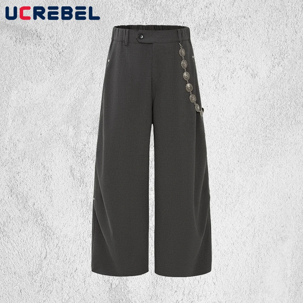 

Повседневный костюм с украшением в виде цепочки, брюки, мужские плиссированные осенне-зимние уличные брюки в стиле ретро, мешковатые широкие брюки с эластичной резинкой на талии, мужские брюки