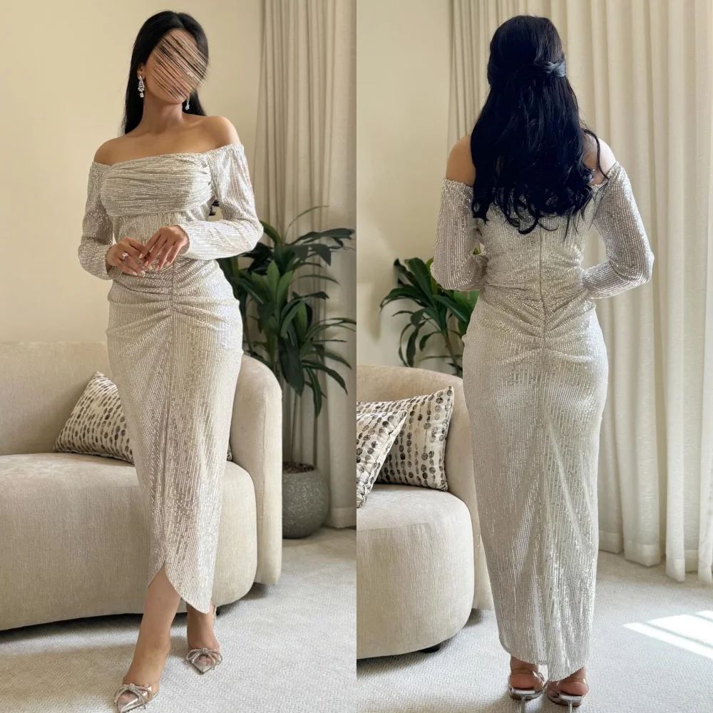 

Customized Elegant Pleat Straight Off-the-shoulder Midi Dresses Bespoke Occasion Dresses Formal High Quality