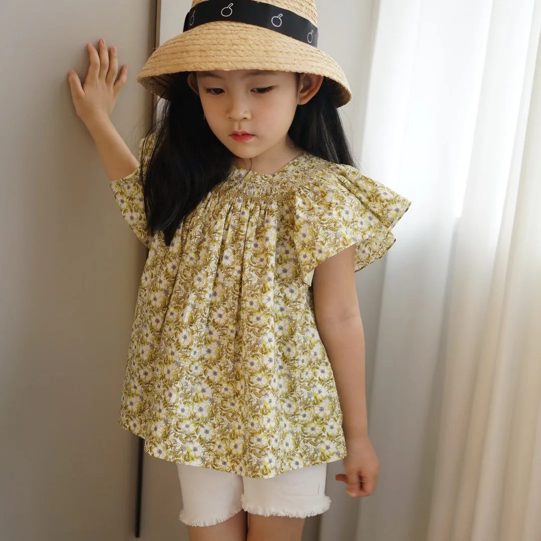 

kids tops baby girl clothes Yellow small flower pattern sweet beauty girls top cotton t-shirt