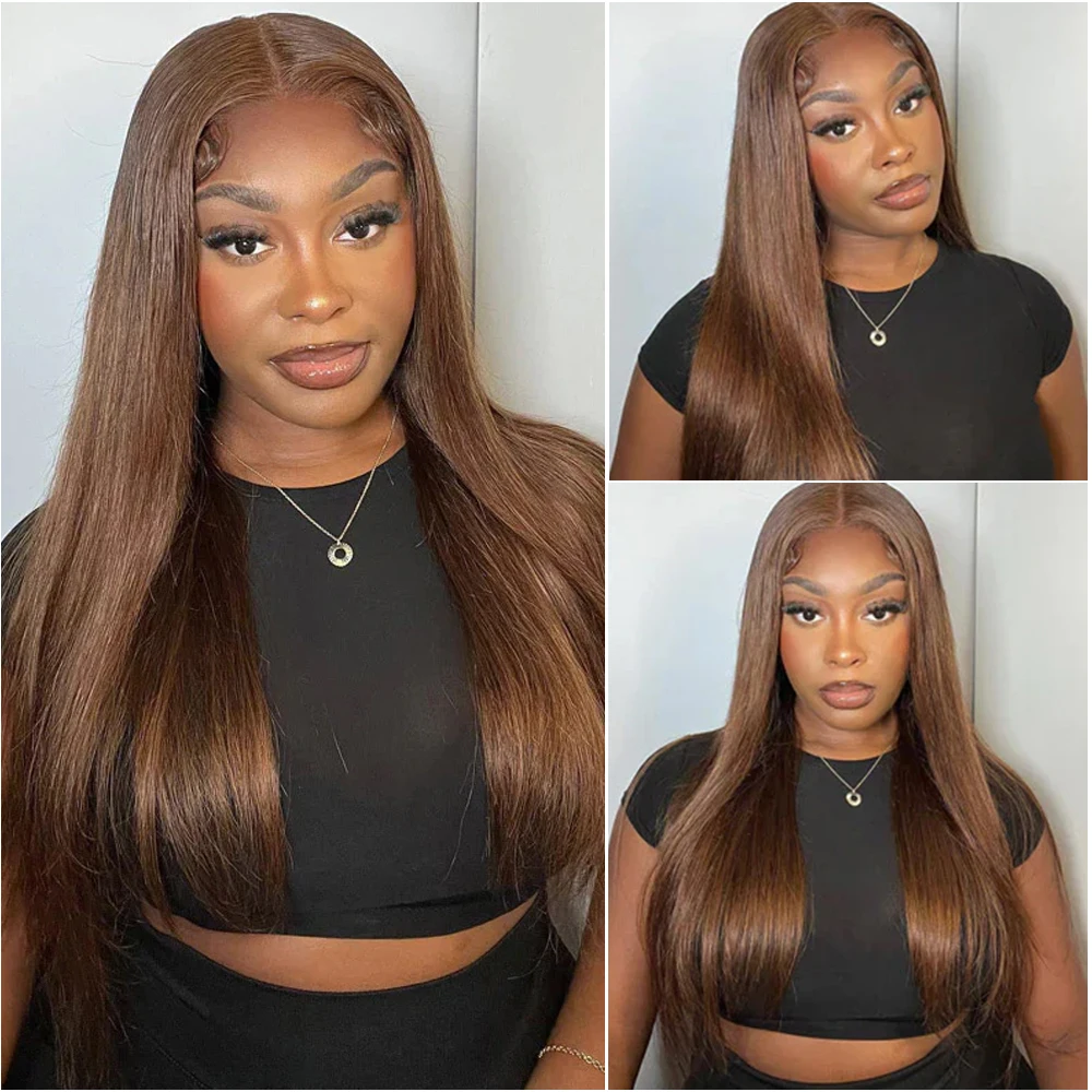 # 4 초콜릿 브라운 스트레이트 인모 가발 초콜릿 브라운 스트레이트 13x6 레이스 프론탈 인모 가발 여성용 200% 밀도