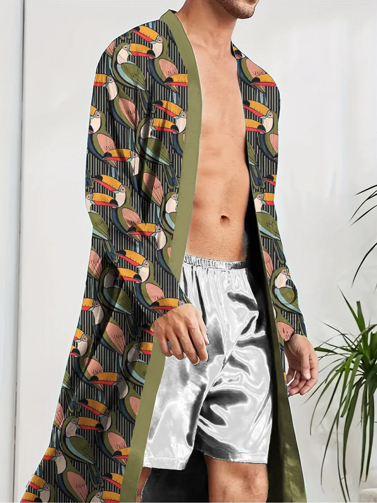 

Men's Home Sleeping Robe 2025 New 3D Printed Bird Pattern Spring Autumn Thin Quick Drying Skin friendly Bathrobe nightie for men