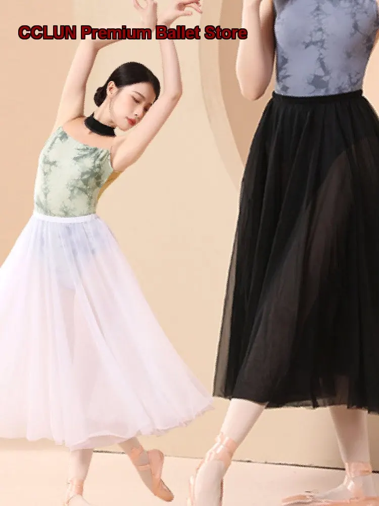 Women's Long Dance Dress Adult Practice Leotard Half Skirt Basic Training Photo Dress Teacher Skirt