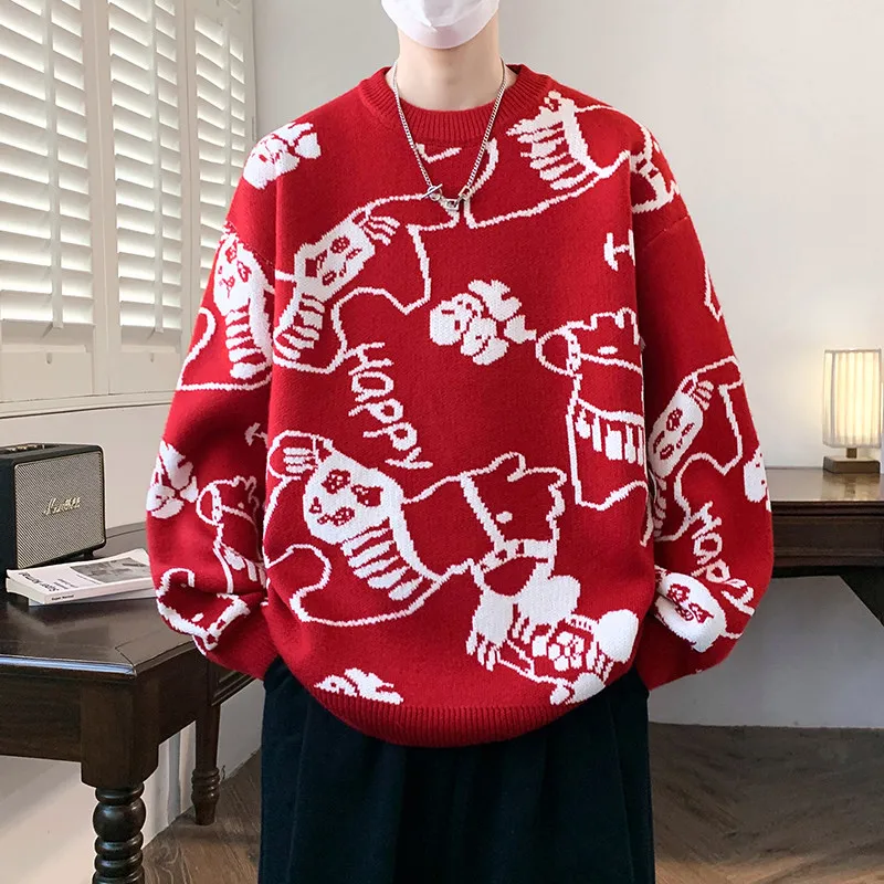 

2025 New Men's Knitted Sweater Couple Winter Clothes Year Red Knitwear Youthful Soft Long Sve round Ne Deformable