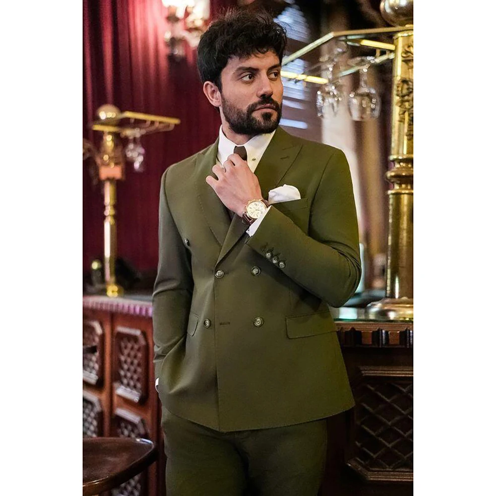 Olive Green Double Breasted Men Suit Two Pieces(Jacket+Pants) Lapel Outfits Chic Casual Party Prom Wedding Set