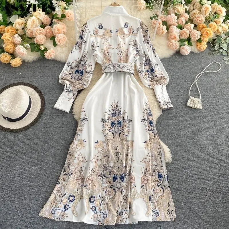 Dress Long Women Retro Printing Temperament Shirt Collar ANSZKTNable Bubble Sleeves Slim Long Dress