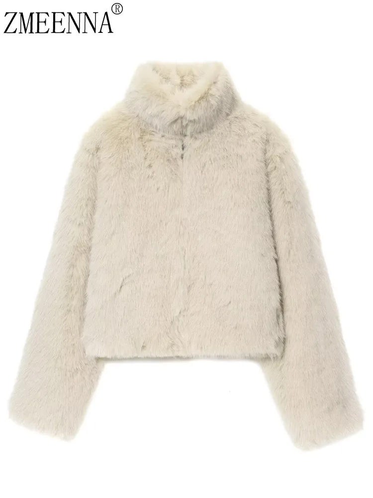 

ZMEENNA женская короткая куртка из искусственного меха с высоким воротником-воронкой и длинными рукавами, теплая зимняя верхняя одежда кремово-белого цвета ZM4355