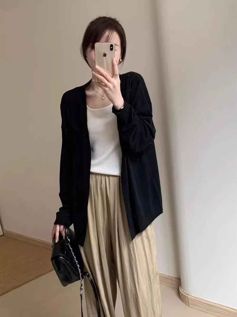 

Spring Summer New Arrival Women's Pure Color Knitted Open Cardigan Slimming Loose Top Thin Outerwear V-ne Long Sve