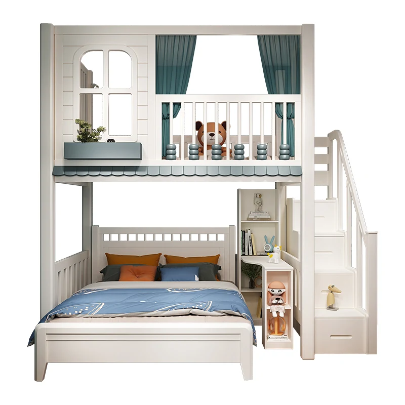 

Full solid wood bunk bed staggered high and low boys high guardrail combination elevated bed