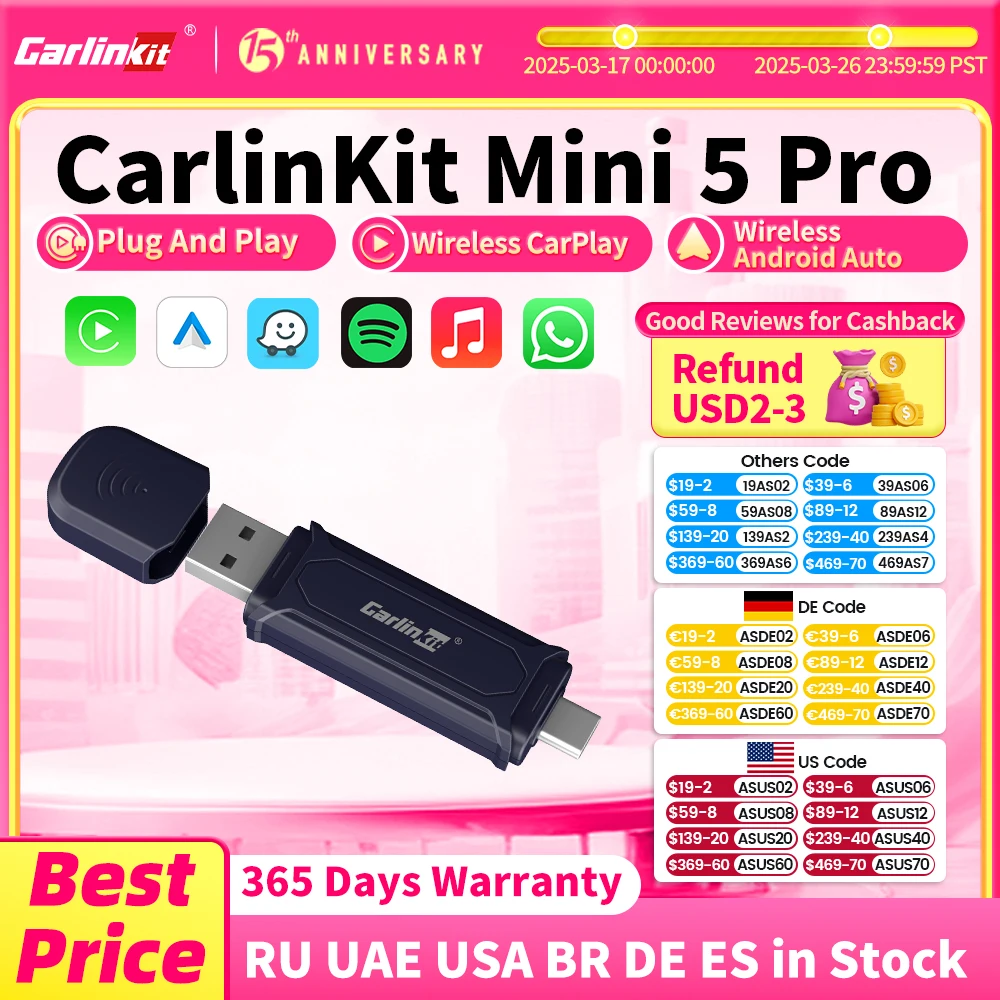 

NEW 2In1 CarlinKit 5.0 Mini Wireless Android Auto Wireless CarPlay Adapter Smart USB Dongle Plug And Play 5Ghz For Car Radio