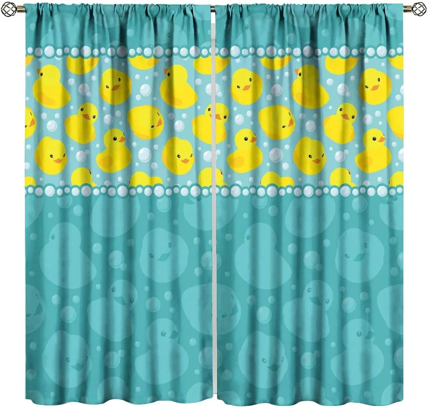 

Декоративная штора для окна с резиновыми уточками, милый рисунок с желтыми мультяшными уточками, плавающими в воде, с забавными пузырьками и аквасиними цветами для дома