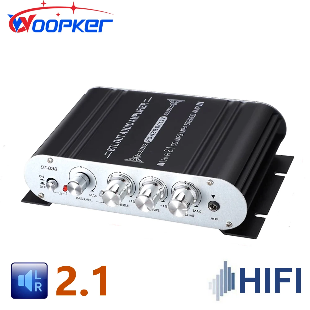 Woopker 오디오 앰프 St-838 채널 2.1 HiFi 강력한 스테레오 베이스 사운드, RMS 디지털 서브우퍼, 20W x 2 40W