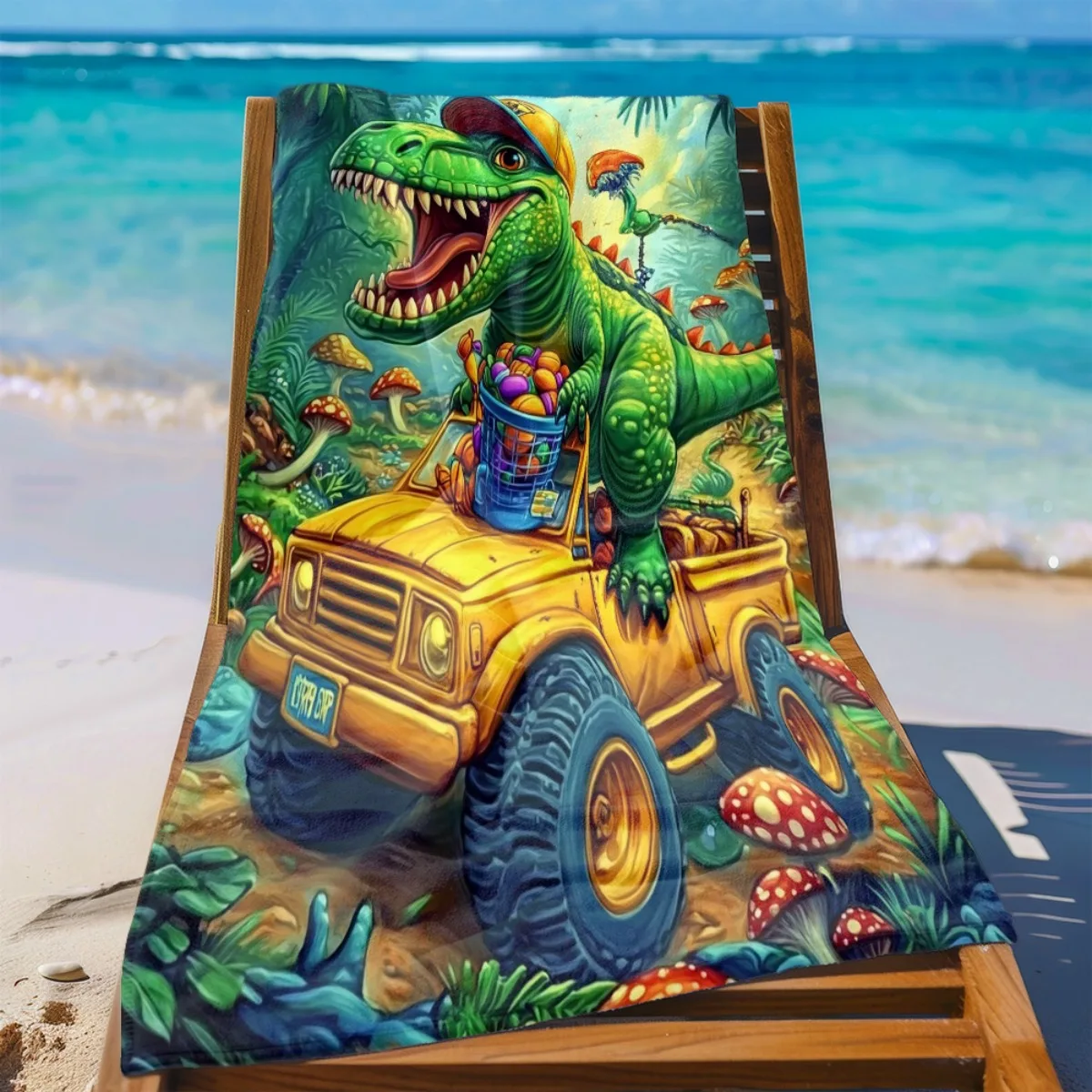 Toalla de playa Green Dinosaur Monster Truck, toalla de baño de microfibra de secado rápido y sin arena con arte gráfico vibrante para niños, para nadar y acampar