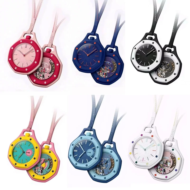 New Pocket Watch Pendant Men's and Women's Colored Candy Octagonal Quartz Movement Leather Lanyard Casual Fashion Style Gift ！！！