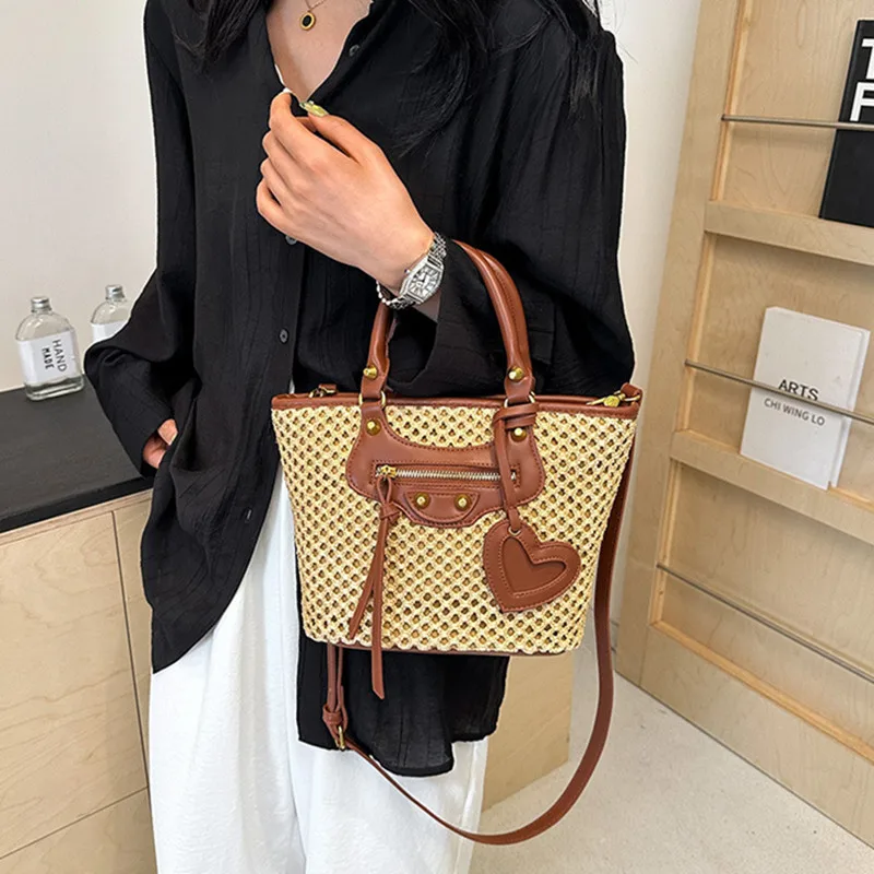 

2025 Luxury Designer Women Patchwork Leather Party Handbags Elegant High-end Straw Tote Bag New Fashion Shoulder Messenger Bag