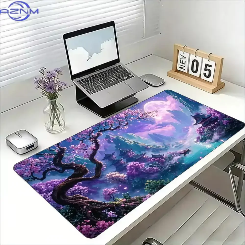 Oriental Cherry Blossom Extended Gaming MousePad Non‑Slip Desk Surface Purple Moon Ancient Pavilion Eastern Art Print For Gaming