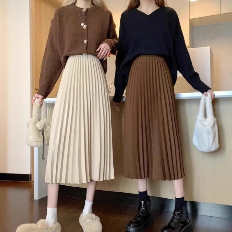 

Mid-Length Woman Pleated Skirt New Autumn Winter Minimalist Keep Warm A-Line Skirt High Waist Solid Color Temperament Girl Skirt