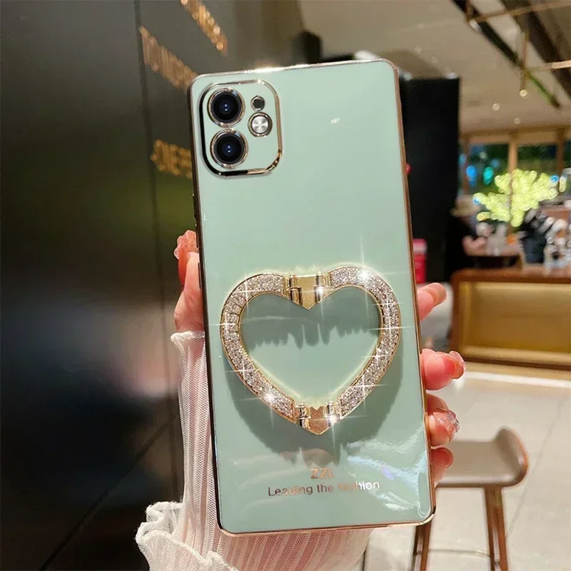 

Luxury Shining Metal Love Holder Plating Soft Case For iphone 15 14 13 12 11 Pro Plus MAX Shockproof Cover