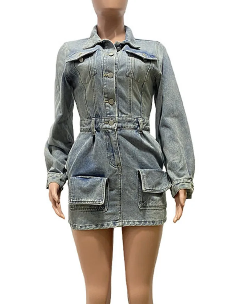 DEAT Trendy Fashion Women\'s Multi Pockets Denim Dress 2024 Spring Vintage Turn-down Collar Long Sleeves Dresses Female 33A1135