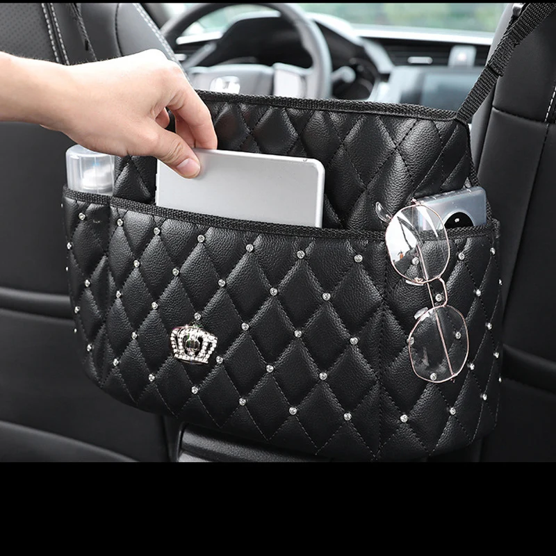 Bling Crown Rhinestone Car Center Seat Storage Bag Diamond Leather Multifunctional Car Seat Back Hanging Bag for Handbag Pocket