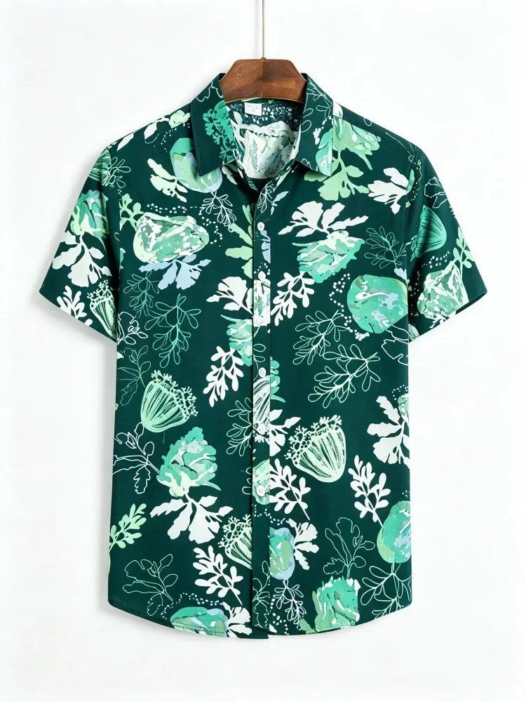 Men Short Sleeve Button Shirt 3D Print Dark Green Tropical Floral Leaf Pattern Polyester Summer Beach Vacation Casual Tops