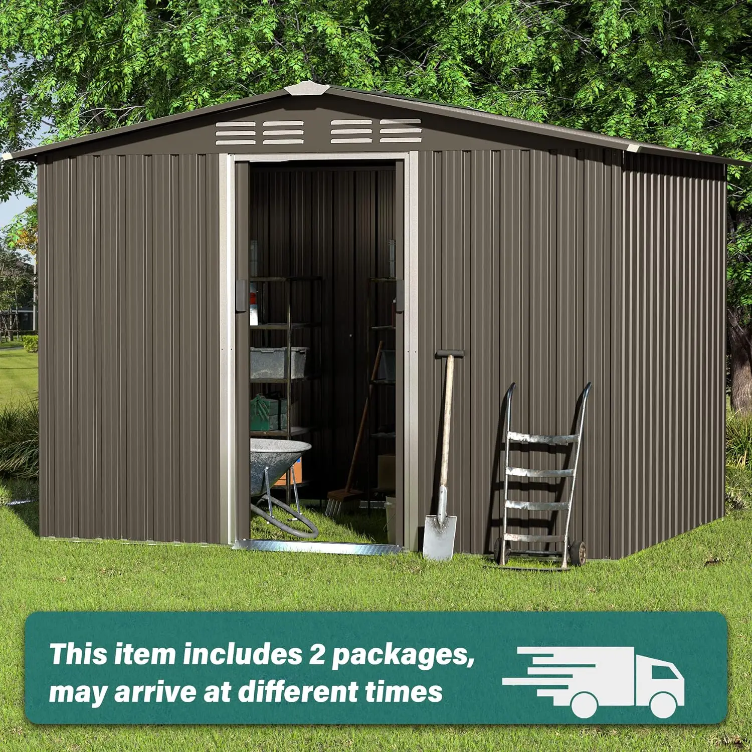 Imagem -04 - Metal Storage Shed para Exterior Design de Portas Deslizantes Bloqueáveis Air Vent Tiny House Utility e Tool Storage