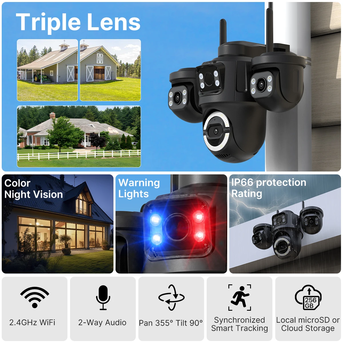 WONSDAR Outdoors Wifi Camera External Security HD Camera With Three Lens Three Screens Auto Tracking Two Ways Audio iCsee