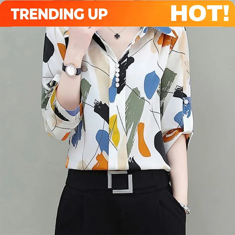 Camisa de Chifón Estampada de Moda Coreana para Mujer, Verano 2023, Personalizable, Manga Corta, Holgada, Casual, Elegante