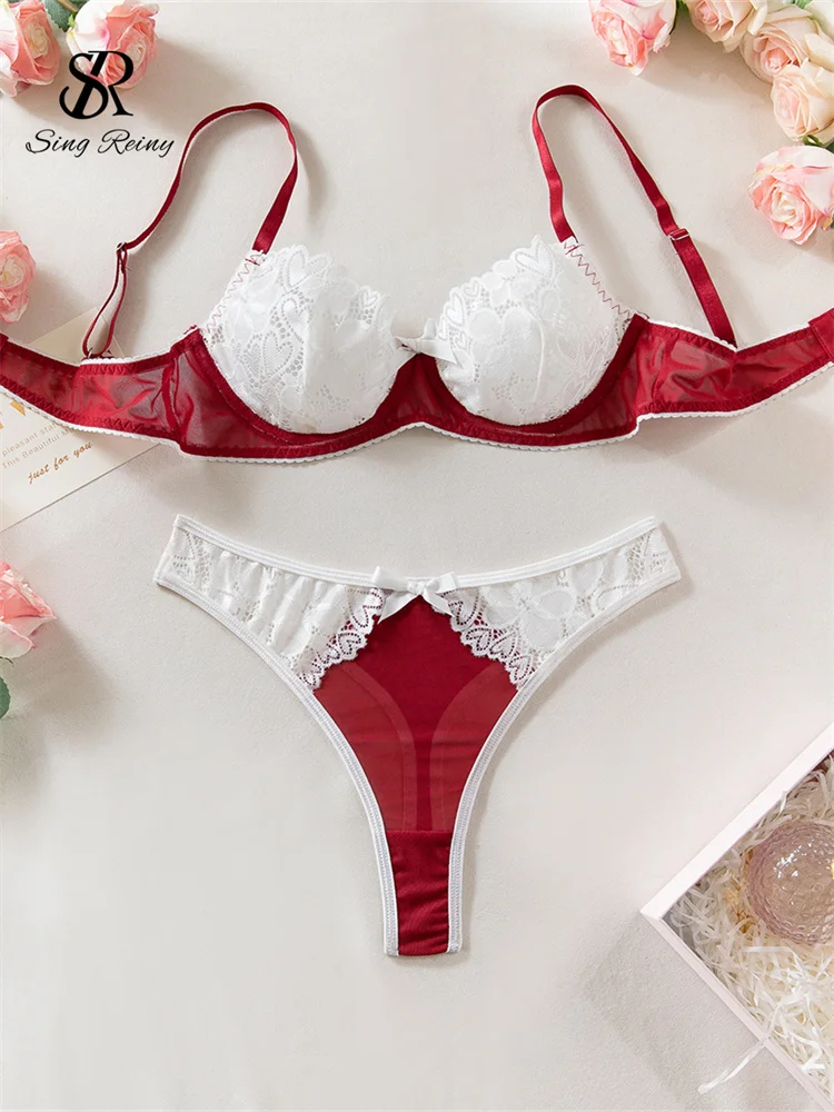 

SINGREINY Ladies Gauze Lace Spliced Sexy Lingerie Suits Sensual Skinny Sleepwear Fashion Patchwork Bow Sheer Erotic Bra Sets