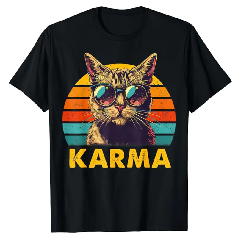 

Vintage Cat Music Gifts for Teens Women Men Karma T-Shirt Cute Kitty Lover Graphic Tee Top Short Sleeve Blouses Novelty Gifts