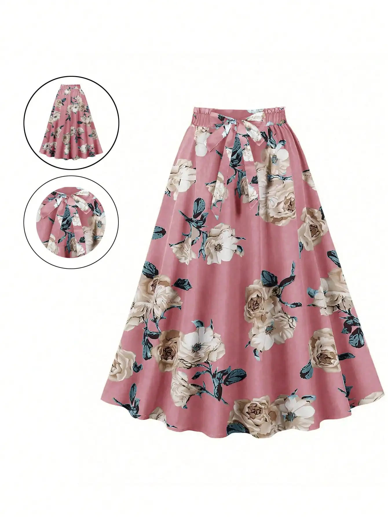 Women's Floral Print High Waist A-Line Midi Skirt  Woven Flared Half Skirt with Bow Knot Summer 2026 Casual