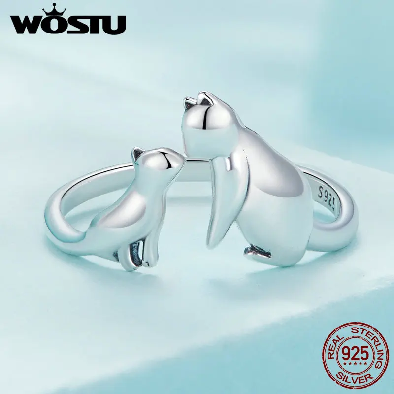 WOSTU 925 Sterling Silver Creative Pet Cat Opening Ring For Women Lovely Fox Animal Rings Girl Birthday Gift Party Accessories