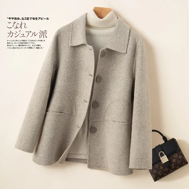 2025 nowych kobiet 100% dwustronna wełniana kurtka wiosna jesień wysokiej klasy z długim rękawem krótki płaszcz wełniany damska luźna odzież wierzchnia B708