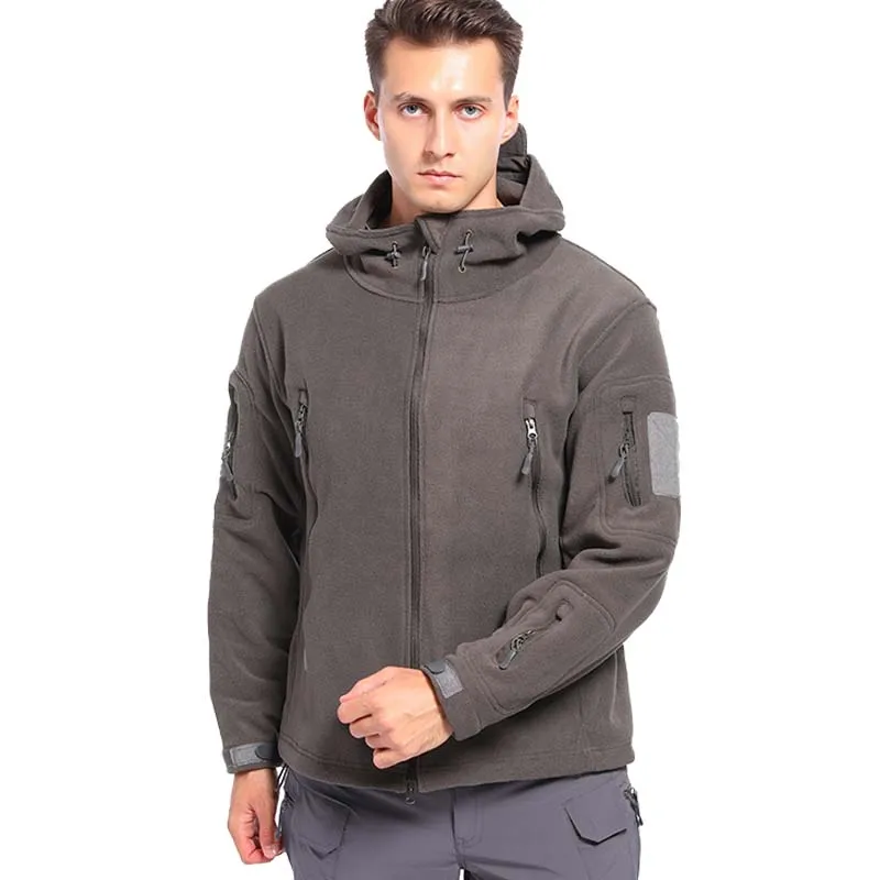 Winter Fleece Jacket with Hoodie Mens Tactical Jackets Man Full-Zip Up Outdoor Camping Windproof Hooded Warm US Army Work Coat