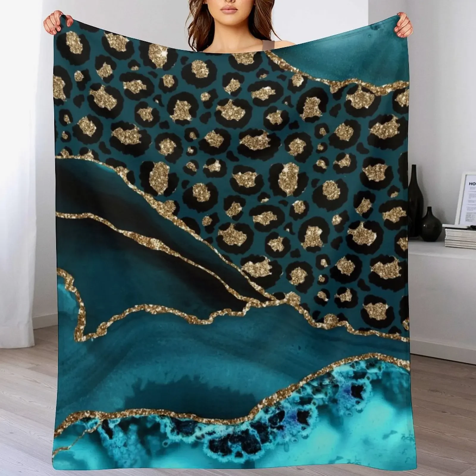

Teal & Gold Leopard Agate Throw Blanket Single Decorative Sofa Sofa Throw Sleeping Bag Blankets