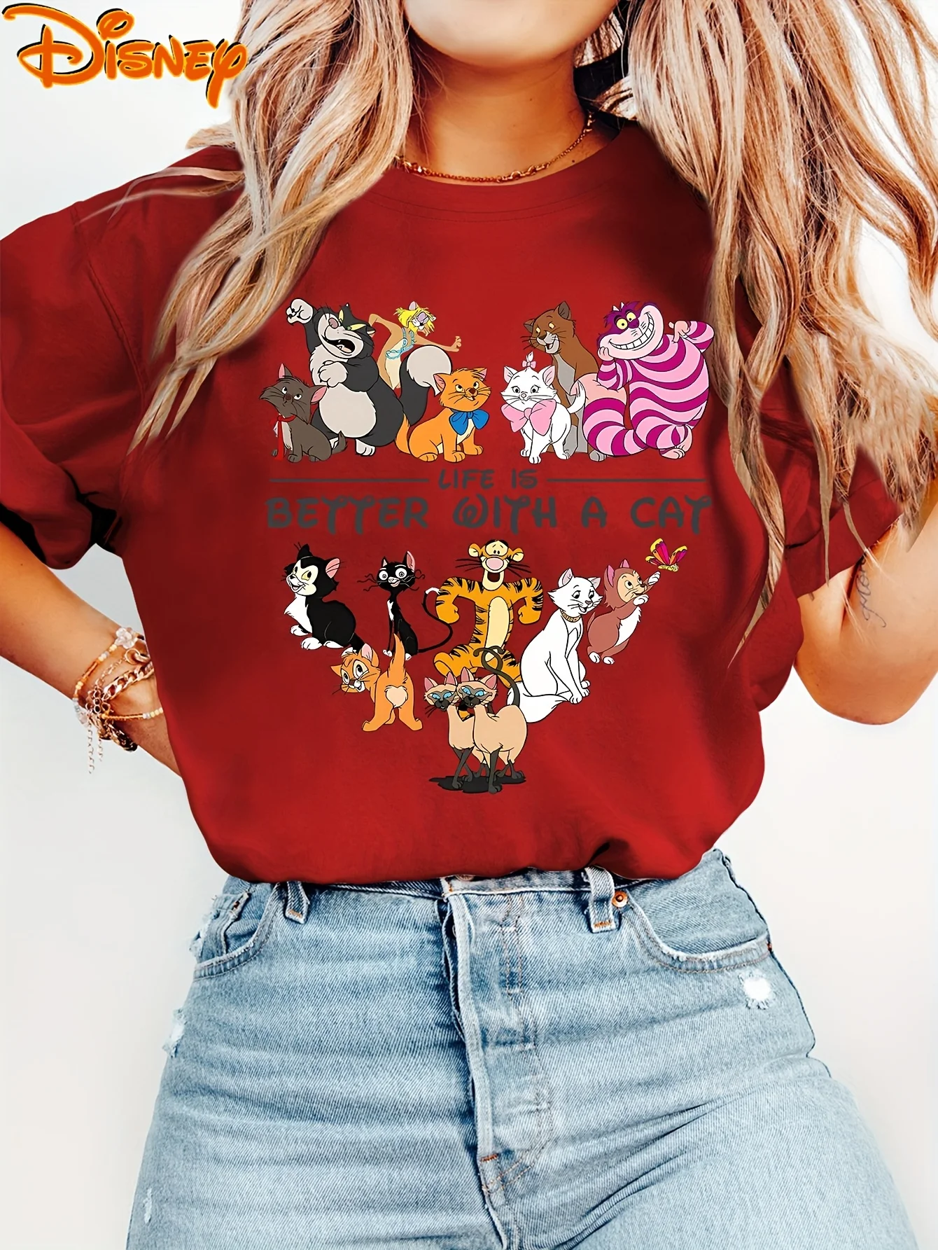 Camiseta oficial de Disney para mujer, camiseta rosa Pastel Vintage, camiseta informal rosa suave para amantes de los gatos, trajes de vacaciones diarios