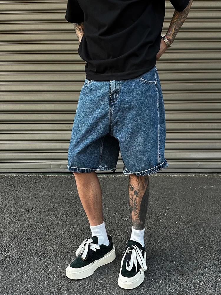 Shorts Jeans Unissex Unaps de Verão Estilo Americano Retrô Lavado Azul Escuro com Perna Reta em Mistura de Algodão e Poliéster