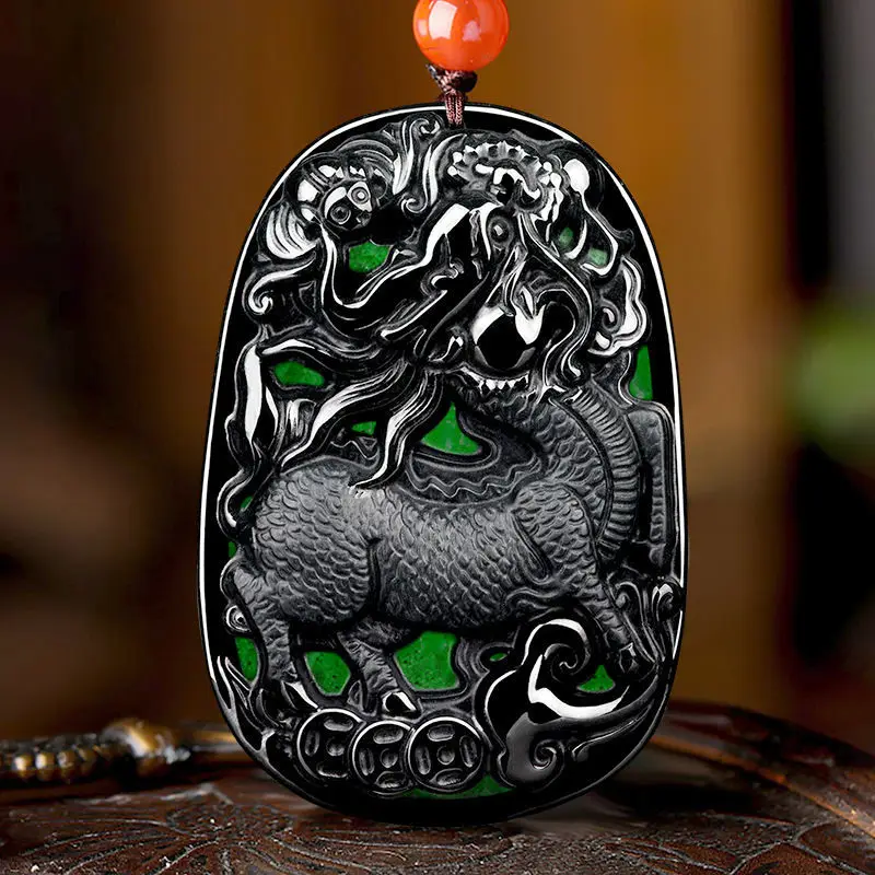 

Natural Ink Jade A Goods Qilin Gives Blessing Pendant Ice Jadeite Men's Charms Women's Gifts Jewelry Wholesale Drop Shipping