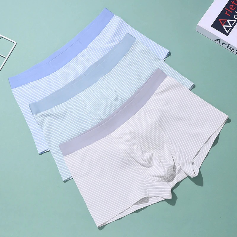 

3-Pack Men Underwear Seamless Blended Cotton Jacquard Stripe Mens Boxers Pack Breathable Quick Drying Mid Waist Mentrual Panties