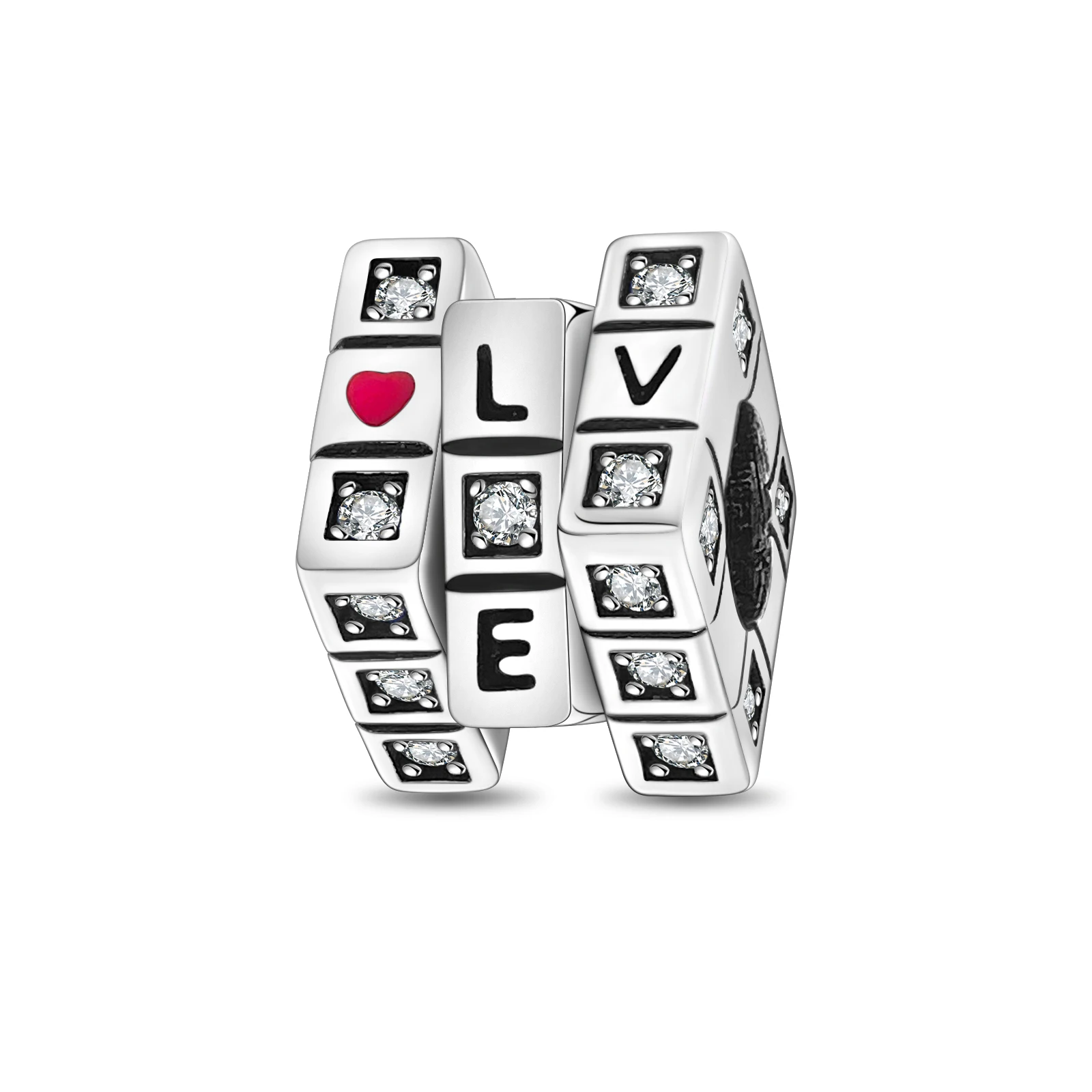 Silver Plated LOVE Charm Bead Set, Pave Cz Letter & Red Enamel Heart Beads Fits European Bracelet Nice Romantic Valentine