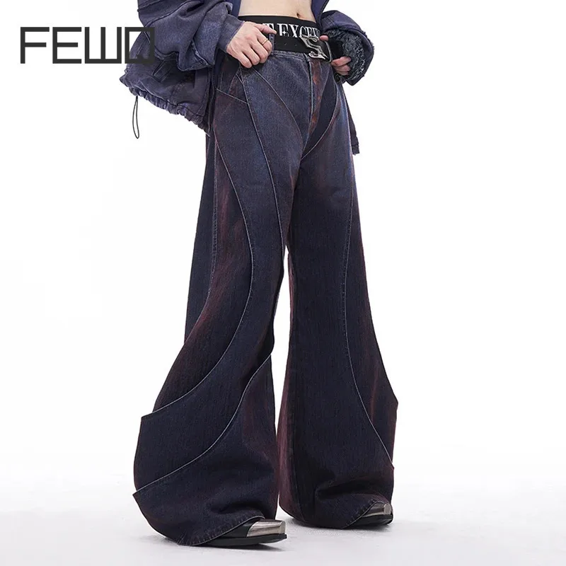 FEWQ Niche Deconstruction Plush Men's Jeans Autumn Winter Brushed Gradient Curved Knife Wide Leg Pants Korea Fashion 24E5607