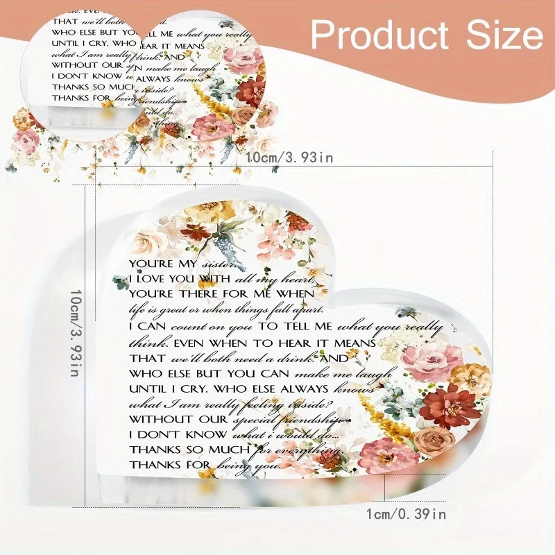 Sisters Poem Acrylic Heart Paperweight, Floral Desktop Decor, Best Friend Christmas Birthday Gift
